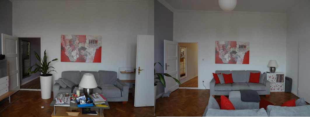 Sofa-Anordnung vor- und nach der Umgestaltung