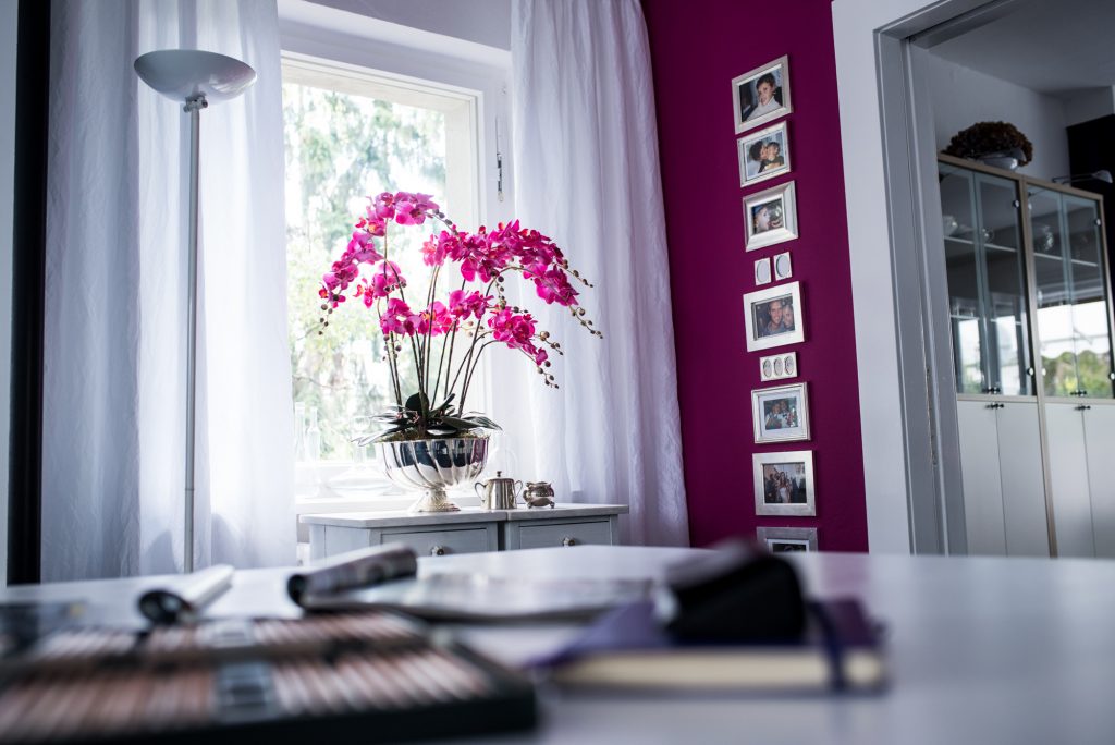 Ein Arbeitszimmer in Pink mit Orchidee vor dem Fenster und Bilderreihe übereinander
