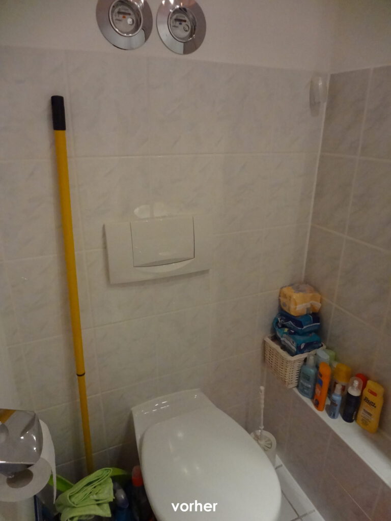 Gaeste-WC links vorher mit diversen Toilettenutensilien