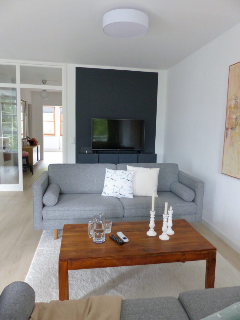 Wohnbereich Blick 9 vorher mit Wohnzimmertuer, TV-Sideboard, Zweisitzer und Couchtisch
