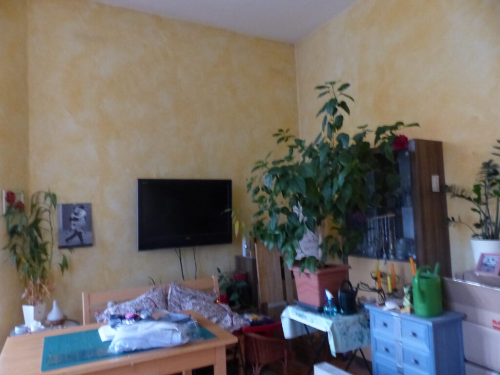 Wohnzimmer Blick 3 vorher mit Essplatz, TV und Wandmoebelierung